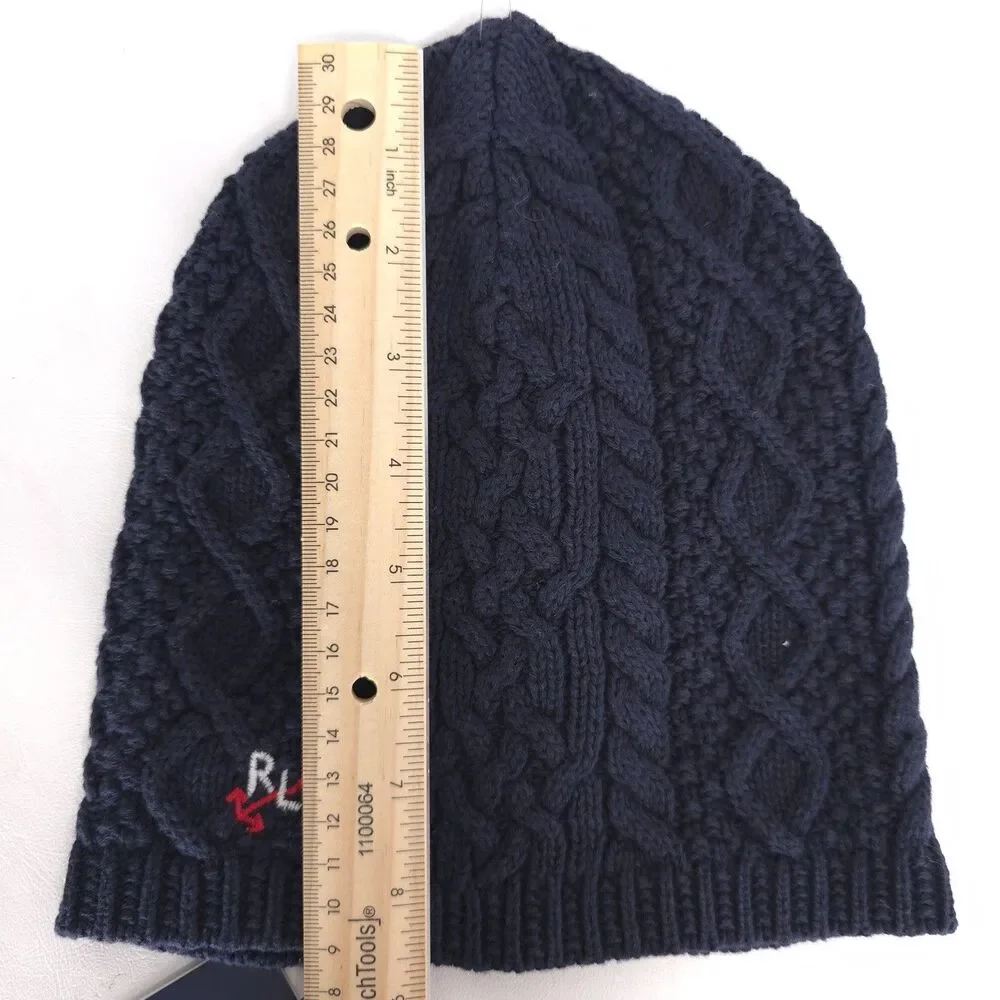 POLO RALPH LAUREN New Beanie One Size 7-16 Navy Blue Aran Cable Knit Embroidered